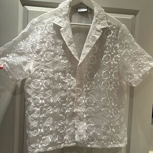 Like New Boxy Cropped Button up in Chiffon material w/ Hand stitched detailing